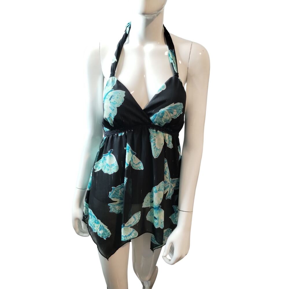 Y2K Jordache Size Small Butterfly Babydoll Fairy Whimsy Asymetrical Halter Top